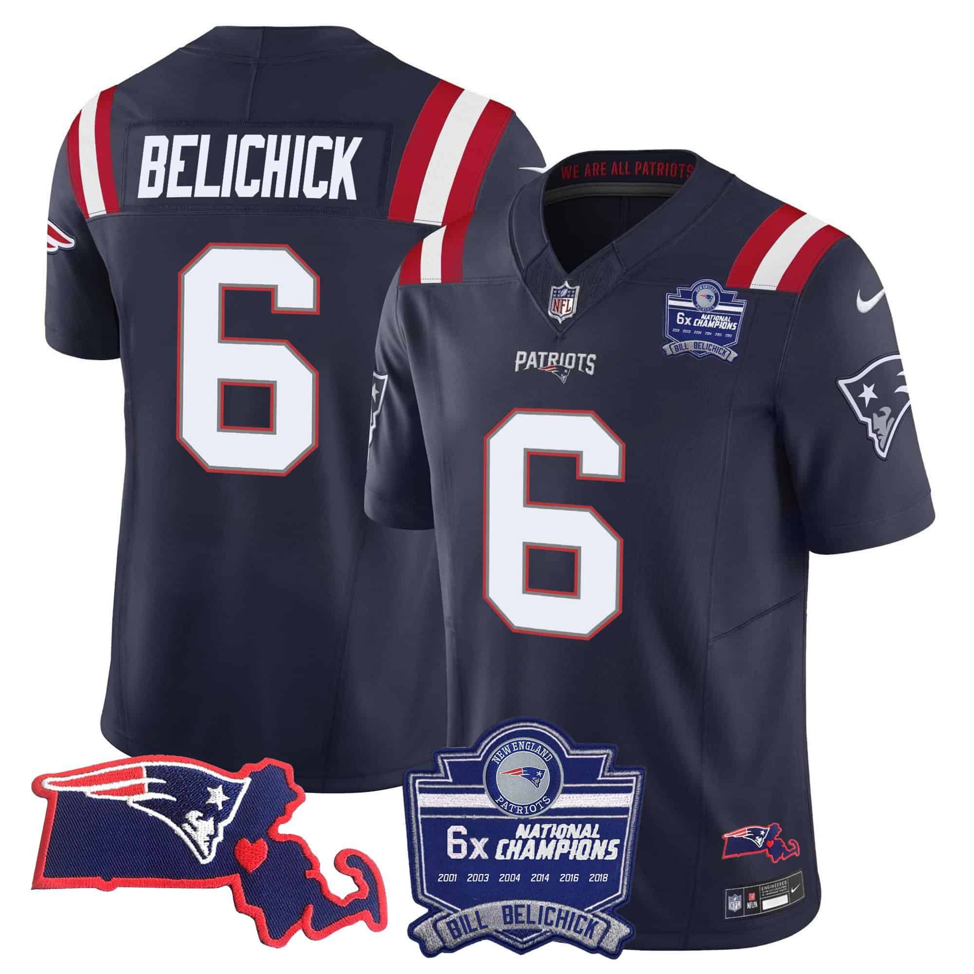 Men New England Patriots #6 Belichick Dark blue 2024 Nike 6x Champions Patch Vapor Limited NFL Jersey style 1